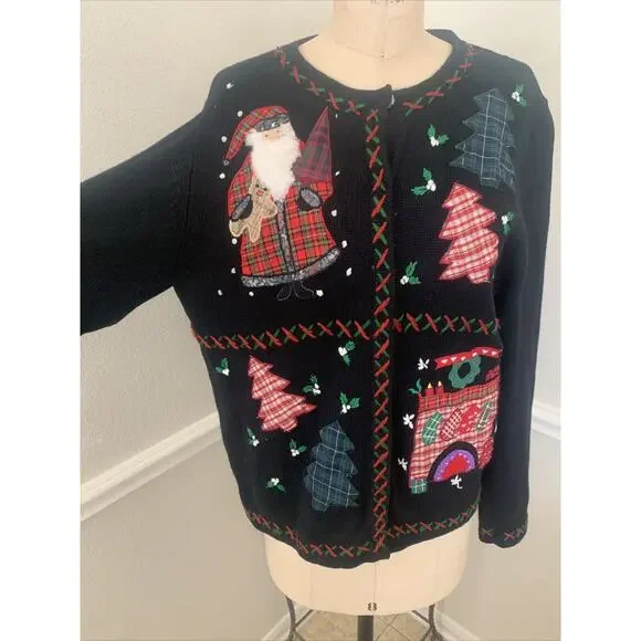 All Point By Reference Point Cardigan Winter Christmas Santa Black Size M - Picture 2 of 7